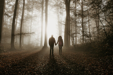 a silhuette of a couple standing in the forest on a foggy morning and holding each others hand. mist