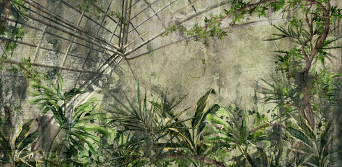 tropical plants in the botanical garden greenhouse art drawing photo wallpaper