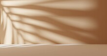 Moving Shadows From Palm Leaves On A Brown Wall With Sun Glare And Reflections, Looped 3d Video. Concept Advertising, Promotion Of Products And Goods With Copy Space