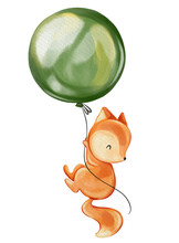 Baby Fox Flying With Balloon. Hand Drawn Nursery Illustration