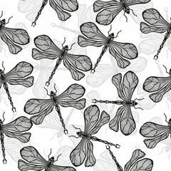 Sticker - Black and white symmetrical dragonfly with delicate wings vector illustration background