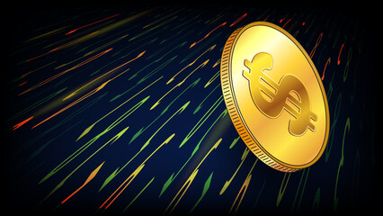 Wall Mural - Gold coin with American dollar USD symbol rolls down digital road on dark blue background. The dollar is symbol of prosperity in the world.