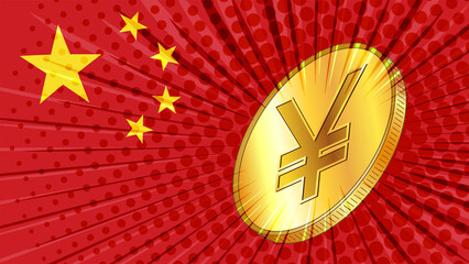 Wall Mural - Gold coin with Chinese currency Yuan CNY sign and the red flag of China. China has created a digital Yuan.