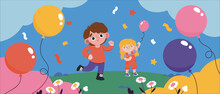 Boy And Girl With Balloons. Vector Illustration For The Design Of Kindergartens And Schools