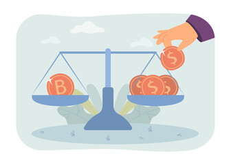 Sticker - Hand putting coins on balance scales with dollars and bitcoins. Person measuring price of digital money flat vector illustration. Cryptocurrency concept for banner, website design or landing web page