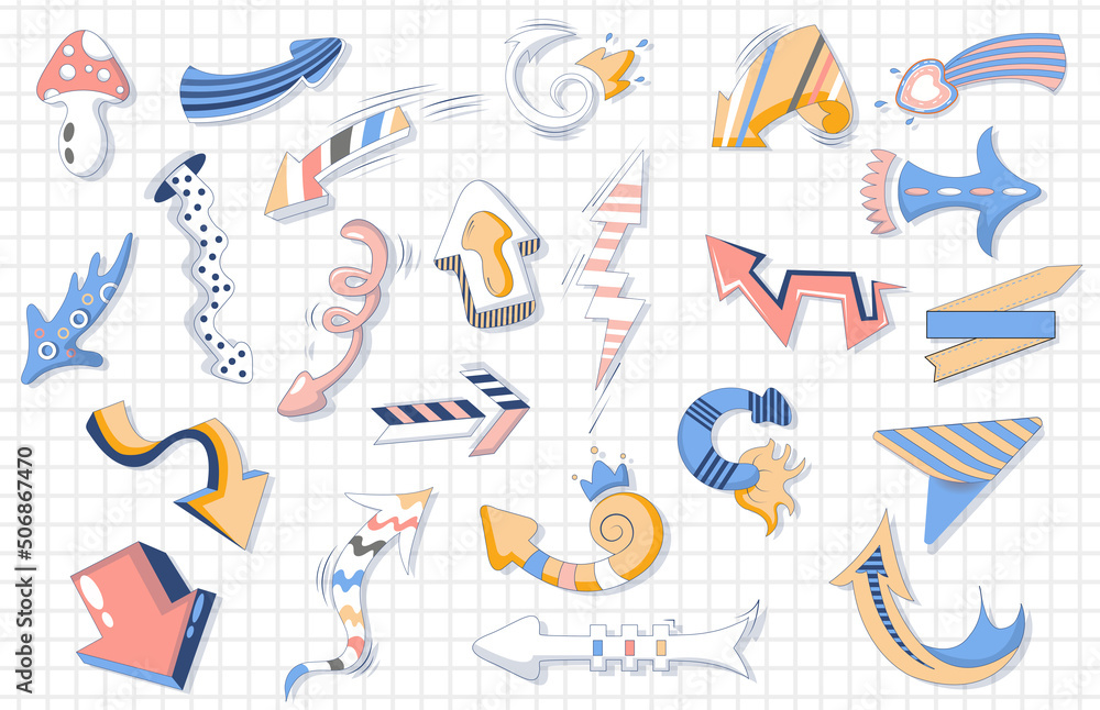 Retro arrows of various directions of the comic pop art set. Vintage ...