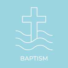 Christian Cross In A Wavy Water, Concept Of Baptism- Vector Illustration