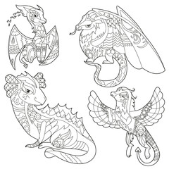 Wall Mural - Set with fancy dragons on white background. Contour illustration for coloring book with fantasy reptile.  Line art design for adult or kids in zentangle style, tattoo and coloring page.