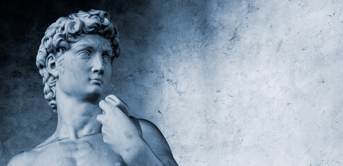 statue of david reproduction version, head, hand and torso detail perspective with eyes looking into