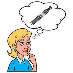 Girl thinking about a Vaping Pen - A cartoon illustration of a Girl thinking about a Vaping Pen for smoking.