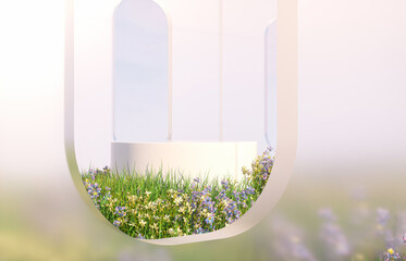 Aufkleber - Natural beauty podium backdrop with wild flower field. 3d rendering. 