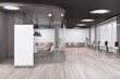© Who is Danny - Blank white poster on wooden floor in front of modern glass wall and round corner meeting room with stylish furniture and lamps in spacious coworking office with sofas. 3D rendering, mockup