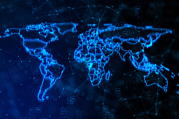 Abstract digital graphic world map with glowing contour line on dark background, big data and information stats concept, greed for landing page. 3D rendering