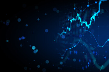 Wall Mural - Stock market growth and investment concept on abstract blank dark blurred background with bokeh and raising financial chart graphs. 3D rendering, mock up
