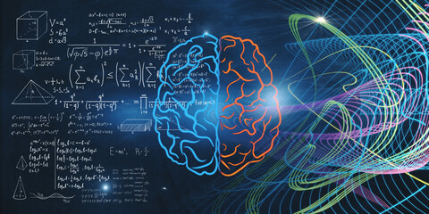 Machine learning illustration concept of blue and red brain parts, mathematical formulas and multi-colored chaotically painted lines on blackboard. 3D rendering