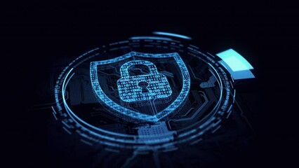 Cyber security and protection of private information and data concept. Lock and shield on abstract futuristic background. Firewall from hacker attack. Private key and digital data protection concept