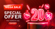 Mega sale special offer, Neon 20 off sale banner. Sign board promotion. Vector