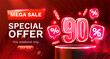 Mega sale special offer, Neon 90 off sale banner. Sign board promotion. Vector