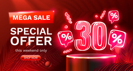 Wall Mural - Mega sale special offer, Neon 30 off sale banner. Sign board promotion. Vector