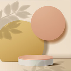 Wall Mural - Abstract minimal scene. podium with leaves in clean background for product presentation displays.