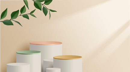 Wall Mural - Abstract minimal scene. podium with leaves in clean background for product presentation displays.