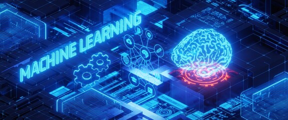 Isometric illustration of the concept of machine learning. 3D rendering