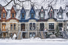 View On Carré Saint Louis Colorful Victorian Houses On A Snowfall Day In Montreal, Quebec (Canada)