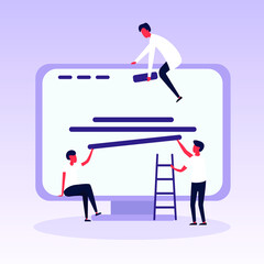 Flat vector illustration of small people are working together on creating a site design on computer monitor, website, applications. Site constructor, website builder, online service page, web design