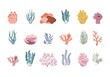 Trendy coral reef and plants vector set. Underwater ocean flora flat icons. Aquarium algae, laminaria, kelp water life isolated on white background.
