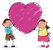 Cute siblings holding a pink heart in doodle style, Vector illustration