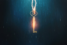 Golden Key With Glowing Lights And Dark Background, Wisdom, Wealth, And Spiritual Concept