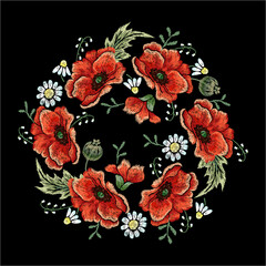 Wall Mural - Embroidery  floral pattern with red poppies, camomiles and lilies of the valley.