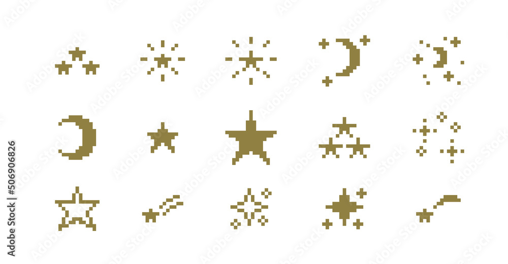ドット絵 星と月のきらきら装飾イラストセット ピクセル の Stock 