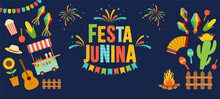 June Party Of Brazil. Vector Illustration Festa Junina. Symbols Of Party Flags And Paper Lanterns, Accordion, Bonfire, Guitar, Corn, Hat, Maracas, Festive Fireworks.