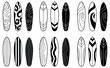 Surfboard with Design Patterns Clipart Set - Outline and Silhouette