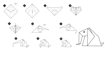 Poster - How to make origami elephant. Black line monochrome step by step instructions. Easy DIY tutorial for kids.