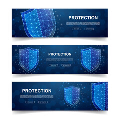 Set of three Shield horizontal banners. Horizontal illustration for homepage design, promo banner. Antivirus low poly symbols with connected dots