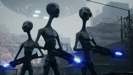 Poster - alien invaders from uncharted space with alien plasma weapons attack a peaceful planet. apocalyptic 