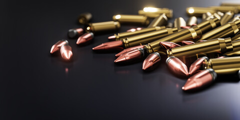 3D Rendering, realistic mock up of bullets. Rifle bullets close-up. Cartridges for rifle and carbine