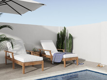 Sunbed, Lemonade, Palm Leaf And Swimming Pool In Backyard, Summer Concept, 3d Rendering
