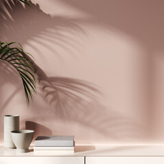 mock pink wall with palm leaf shadow and decoration on console, 3d illustration