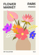 Flower market poster with meadow flowers in a vase. Printable wall art. Vector illustration.