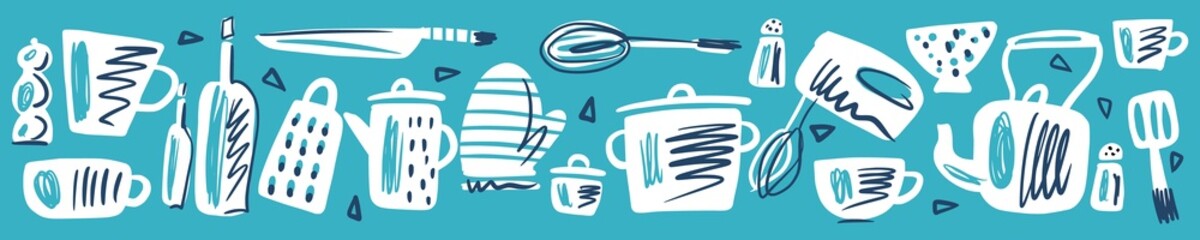 Illustration of a pattern with kitchen utensils drawn by hand. Scandinavian style