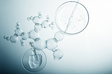 Wall Mural - Abstract cosmetic laboratory. Chemical laboratory research. Cosmetic Essence Molecule Bubble