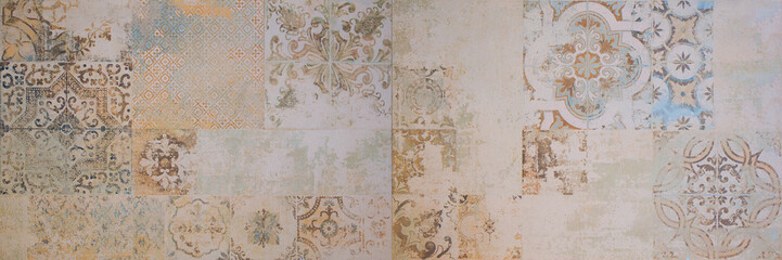 Aufkleber - Old brown gray rusty vintage worn geometric shabby mosaic ornate patchwork motif porcelain stoneware tiles stone concrete cement wall texture background banner panorama