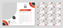Desktop Monthly Photo Calendar 2023. Simple Monthly Horizontal Photo Calendar Layout For 2023 Year In English. Cover Calendar And 12 Months Templates. Week Starts From Monday. Vector Illustration