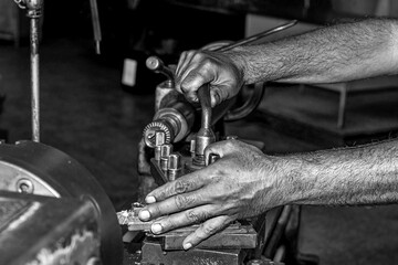 Wall Mural -  Metalworking workshop, metal processing machines.  Vintage Industrial Machinery in a old factory - black and white photo