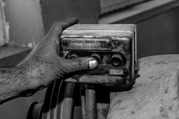 Wall Mural -  Metalworking workshop, metal processing machines.  Vintage Industrial Machinery in a old factory - black and white photo