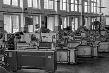  Metalworking Workshop, Metal Processing Machines.  Vintage Industrial Machinery In A Old Factory - Black And White Photo