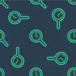 © Kostiantyn - Line Magnifying glass with clock icon isolated seamless pattern on blue background. Clock search. Vector